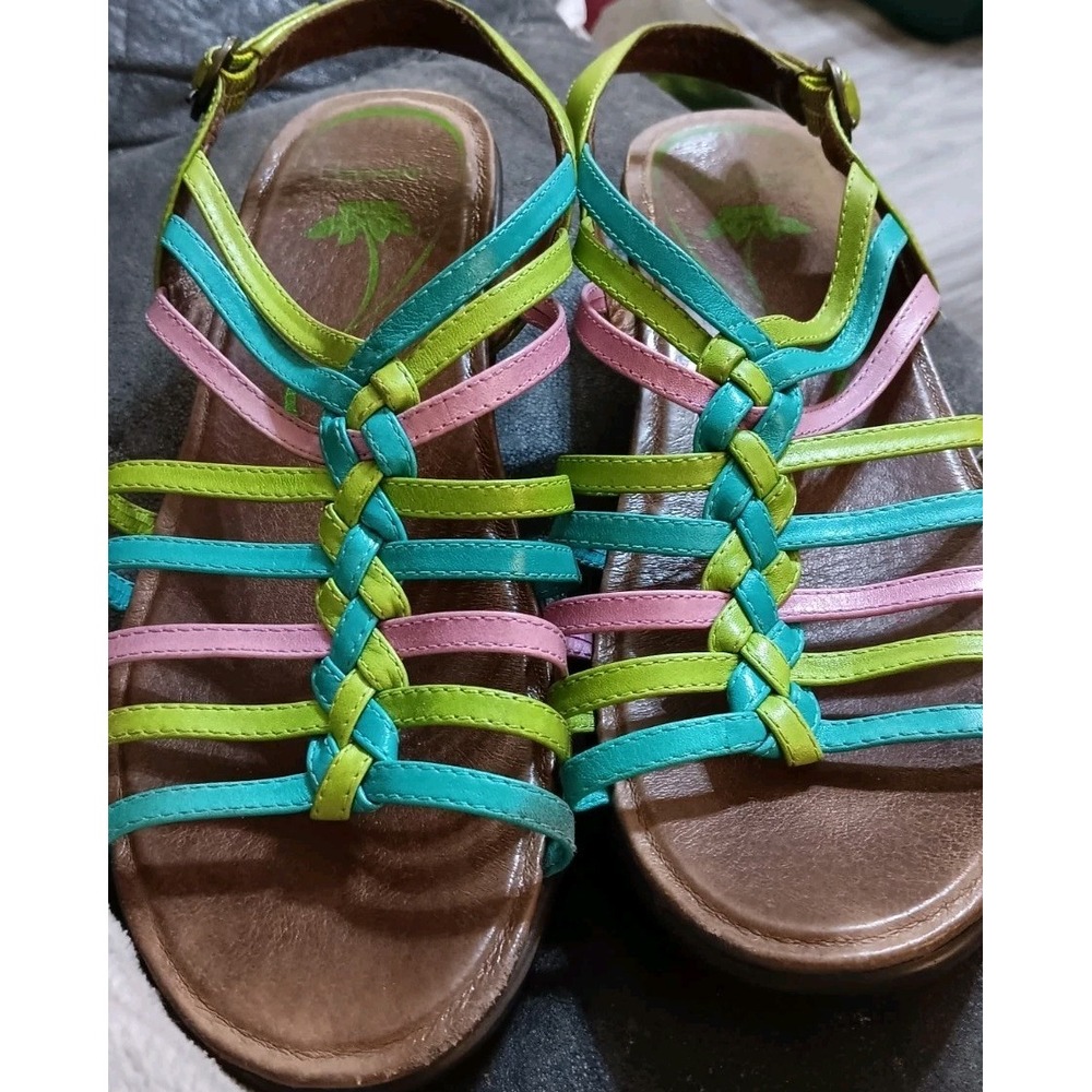 Dansko Women's US 9.5/10 EU 41 Dana Pink Green Blue Leather Strappy Wedge Sandal